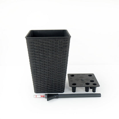 Benjara Aly 14 Inch Self Watering Planter Set of 2, Hand Woven Wicker, Brown