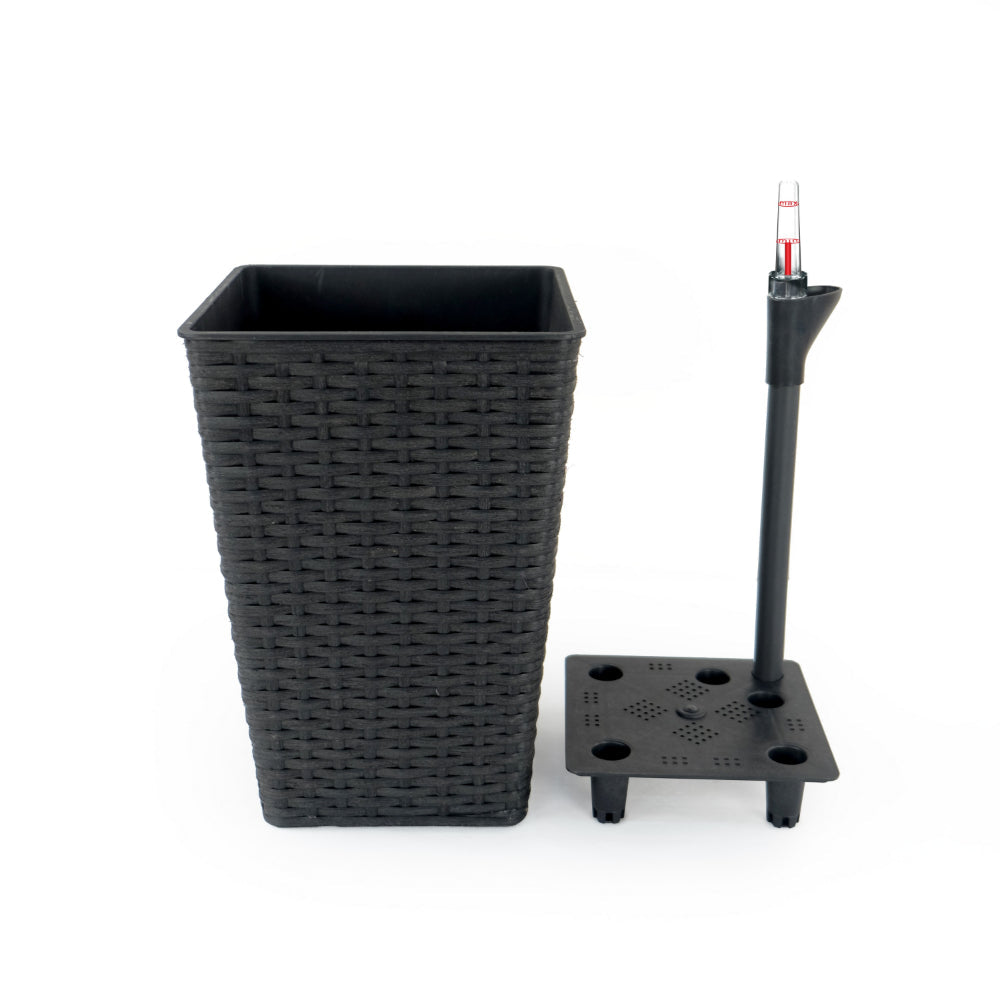Benjara Aly 14 Inch Self Watering Planter Set of 2, Hand Woven Wicker, Brown