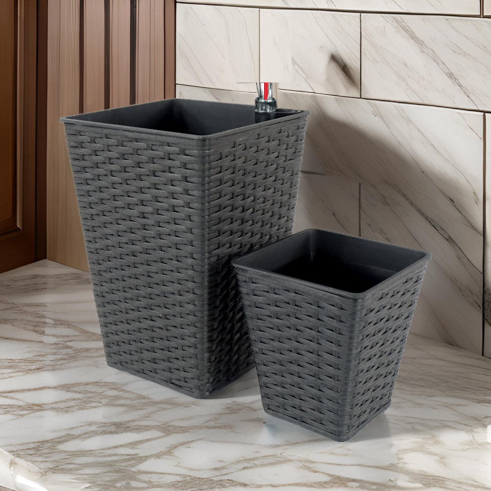Benjara Aly 14 Inch Self Watering Planter Set of 2, Hand Woven Wicker, Brown
