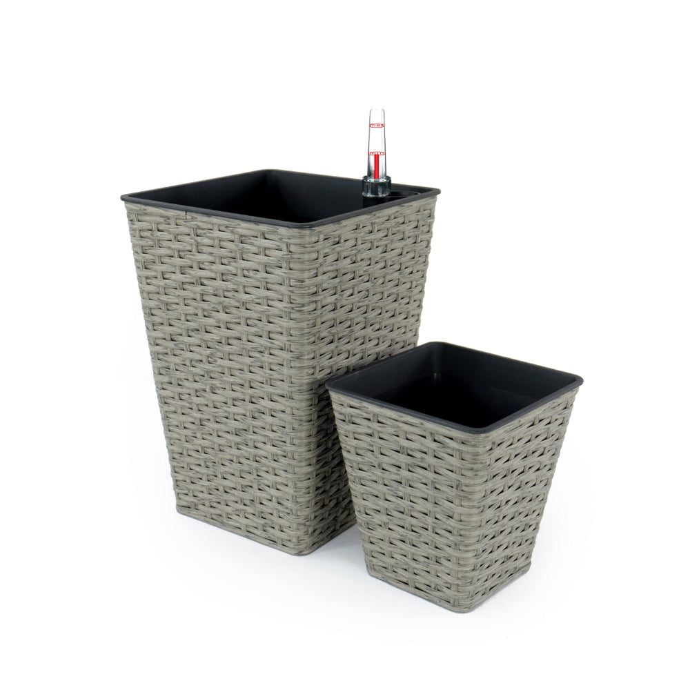 Benjara Aly 14 Inch Self Watering Planter Set of 2, Hand Woven Wicker, Gray