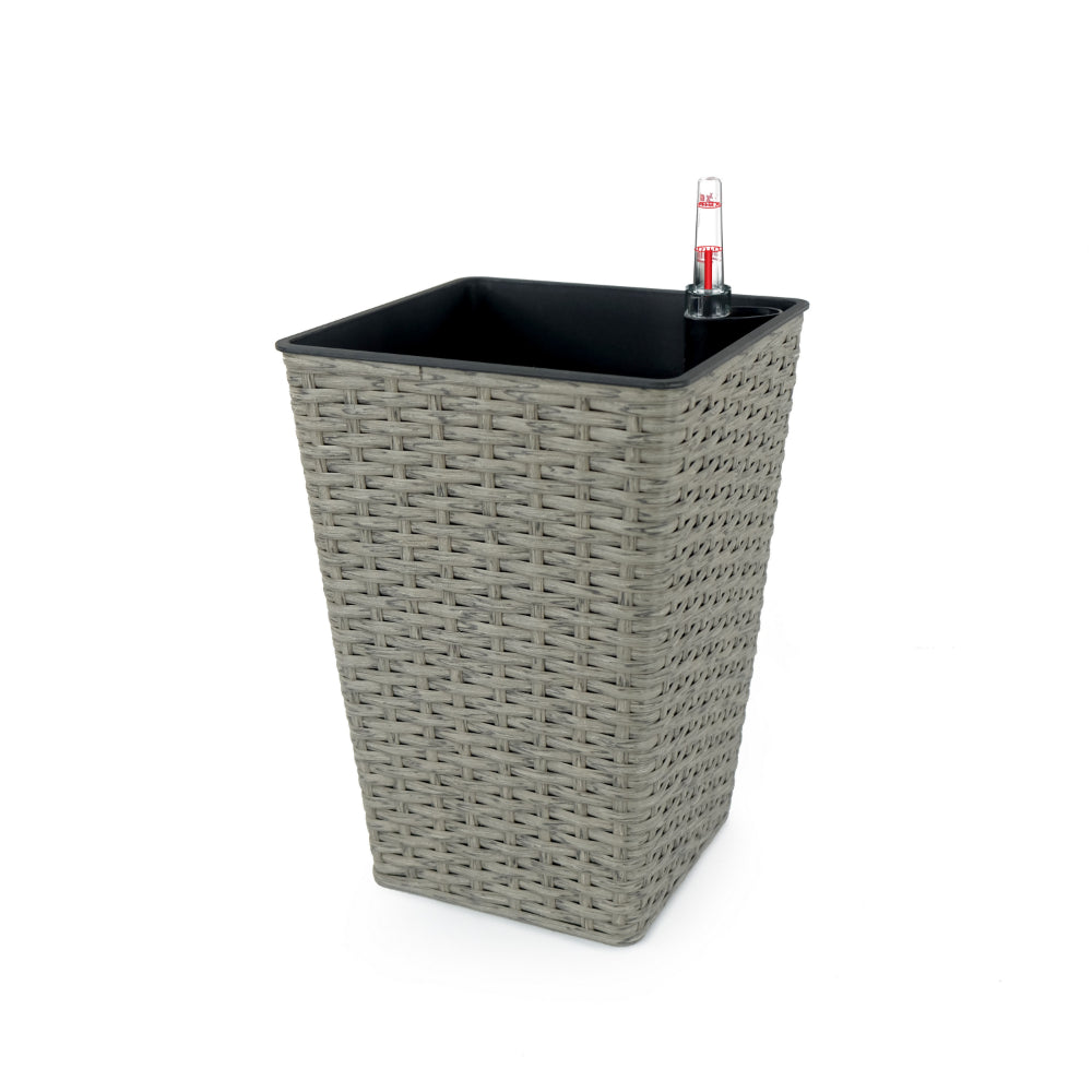 Benjara Aly 14 Inch Self Watering Planter Set of 2, Hand Woven Wicker, Gray