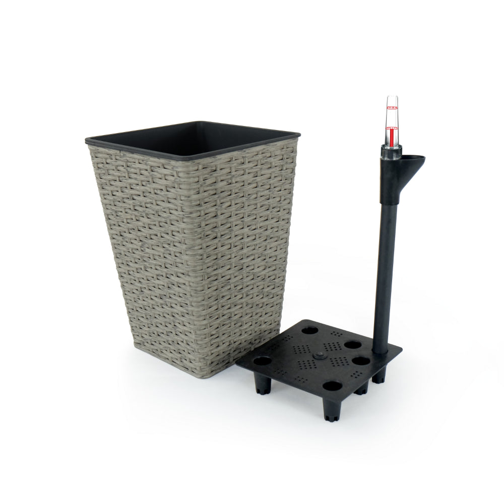 Benjara Aly 14 Inch Self Watering Planter Set of 2, Hand Woven Wicker, Gray