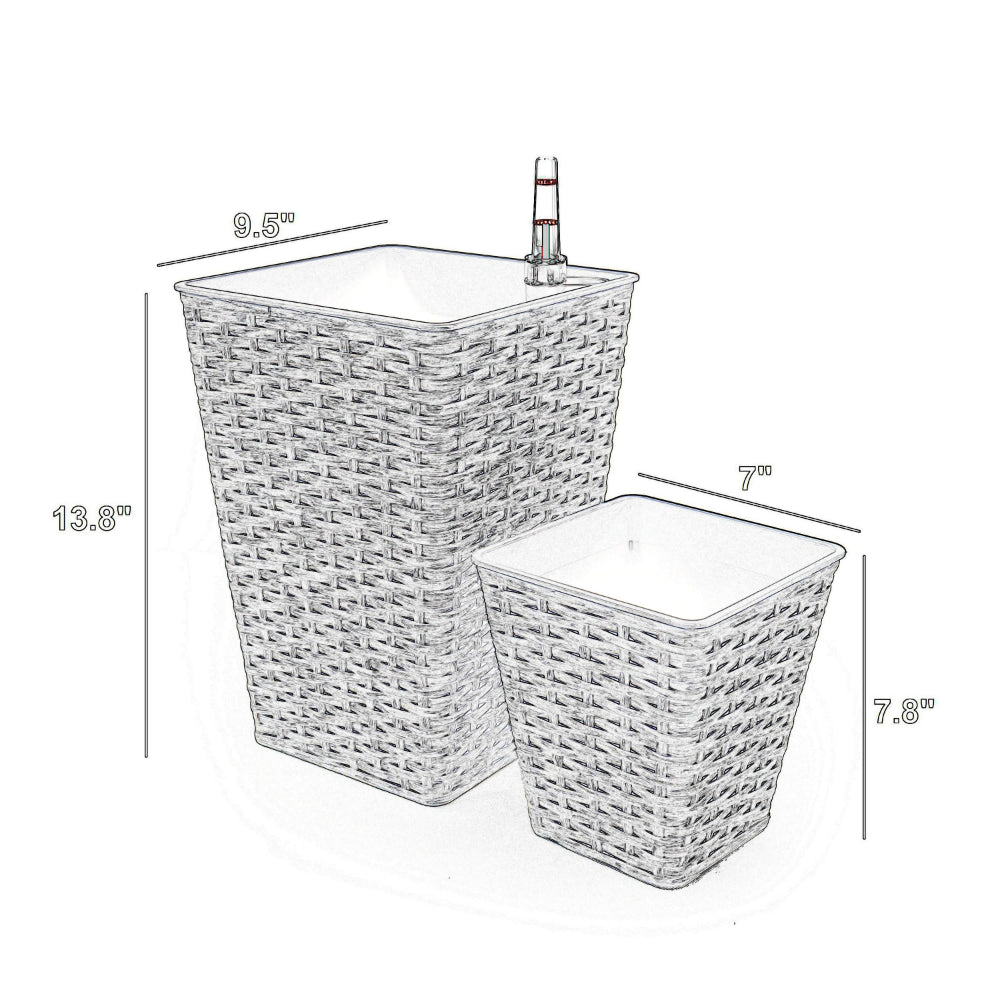 Benjara Aly 14 Inch Self Watering Planter Set of 2, Hand Woven Wicker, Gray