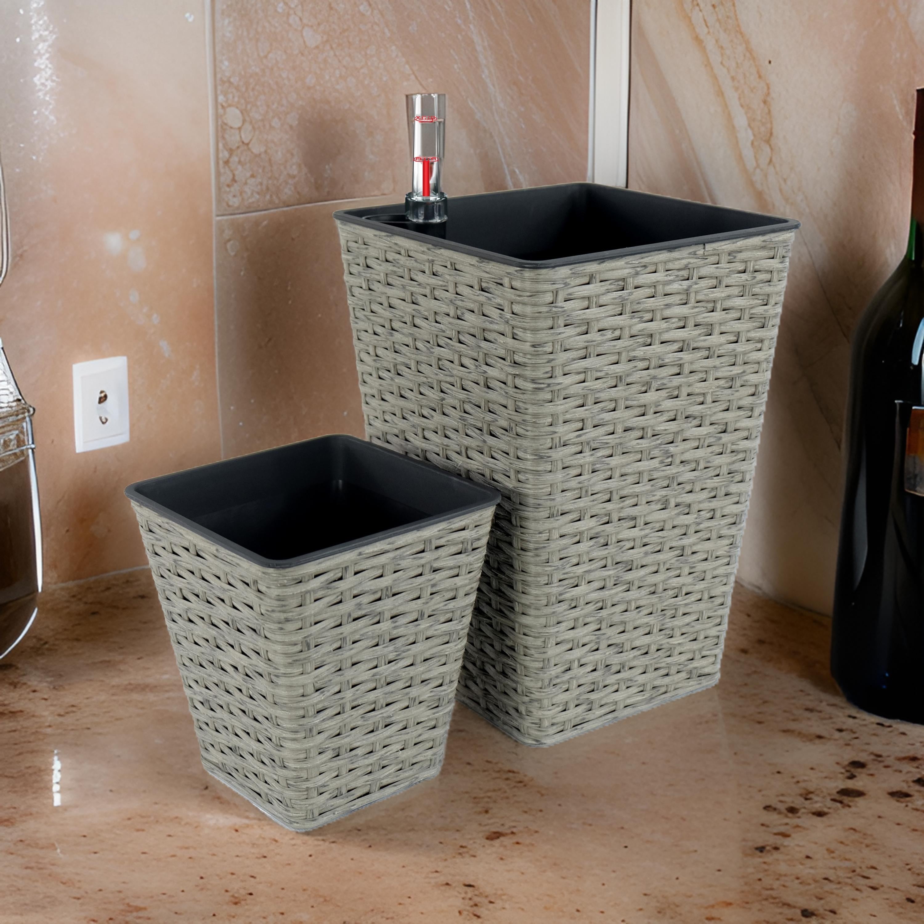 Benjara Aly 14 Inch Self Watering Planter Set of 2, Hand Woven Wicker, Gray