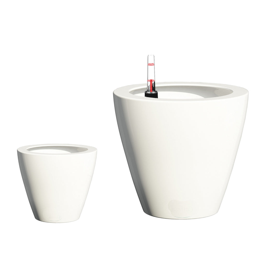 Benjara Self Watering Planter Set of 2, Tapered Round Woven Wicker, White