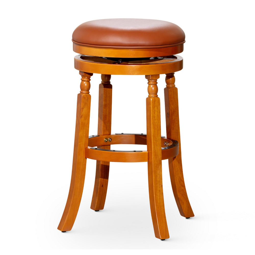 Benjara Opi 30 Inch Swivel Barstool, Bonded Leather, Natural Brown Solid Wood