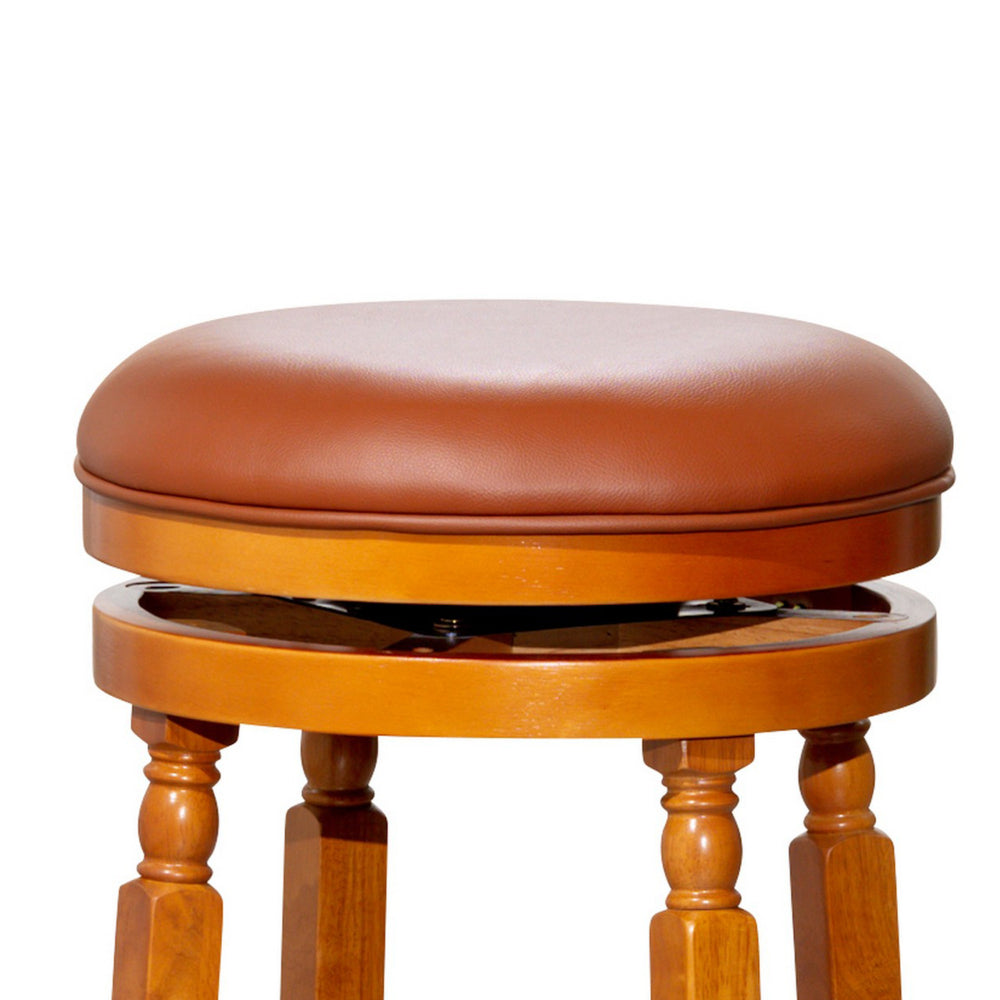 Benjara Opi 30 Inch Swivel Barstool, Bonded Leather, Natural Brown Solid Wood