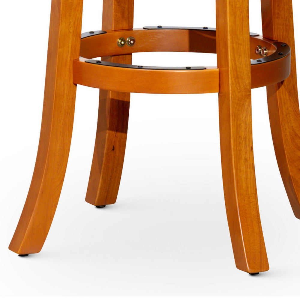 Benjara Opi 30 Inch Swivel Barstool, Bonded Leather, Natural Brown Solid Wood