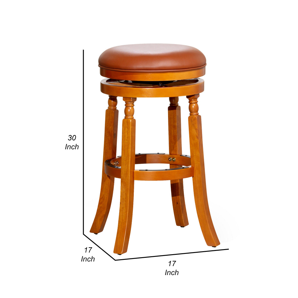 Benjara Opi 30 Inch Swivel Barstool, Bonded Leather, Natural Brown Solid Wood