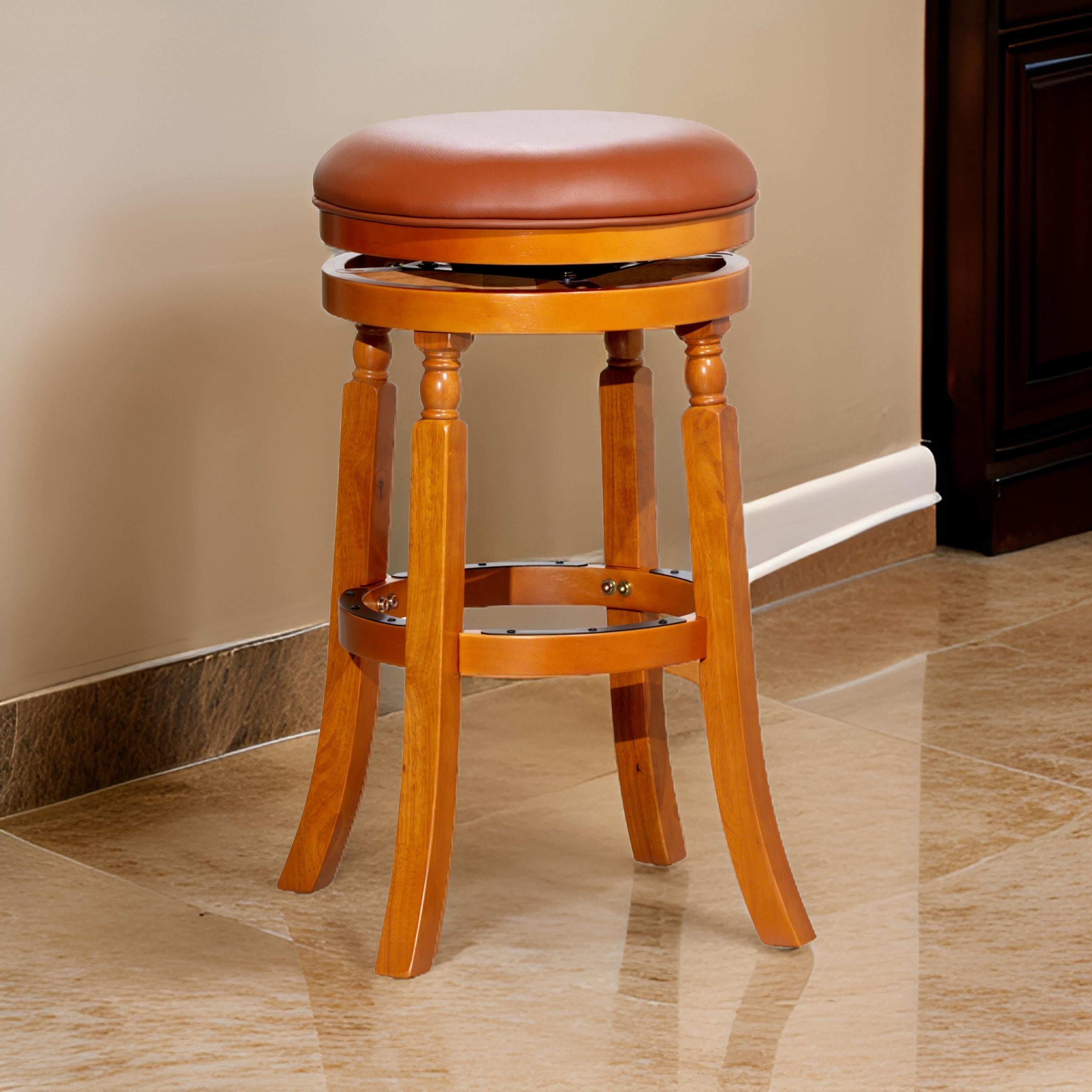 Benjara Opi 30 Inch Swivel Barstool, Bonded Leather, Natural Brown Solid Wood