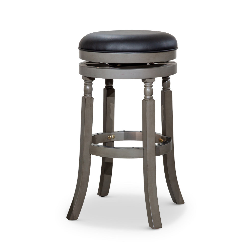 Benjara Opi 30 Inch Swivel Barstool, Black Bonded Leather Weathered Gray Solid Wood