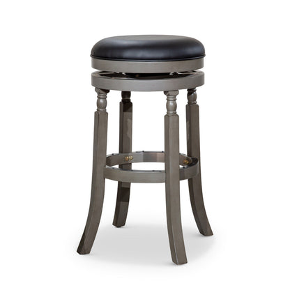 Benjara Opi 30 Inch Swivel Barstool, Black Bonded Leather Weathered Gray Solid Wood