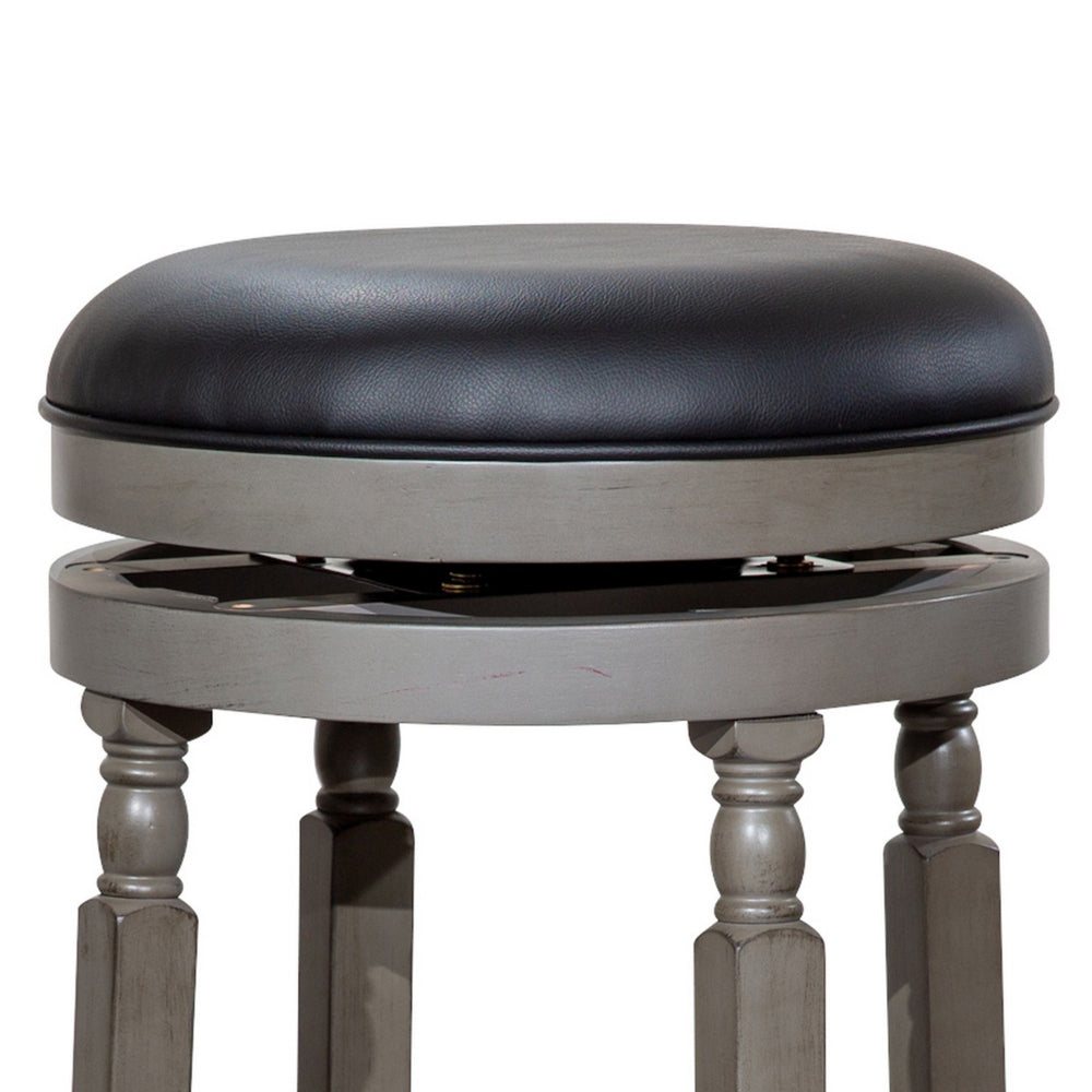 Benjara Opi 30 Inch Swivel Barstool, Black Bonded Leather Weathered Gray Solid Wood
