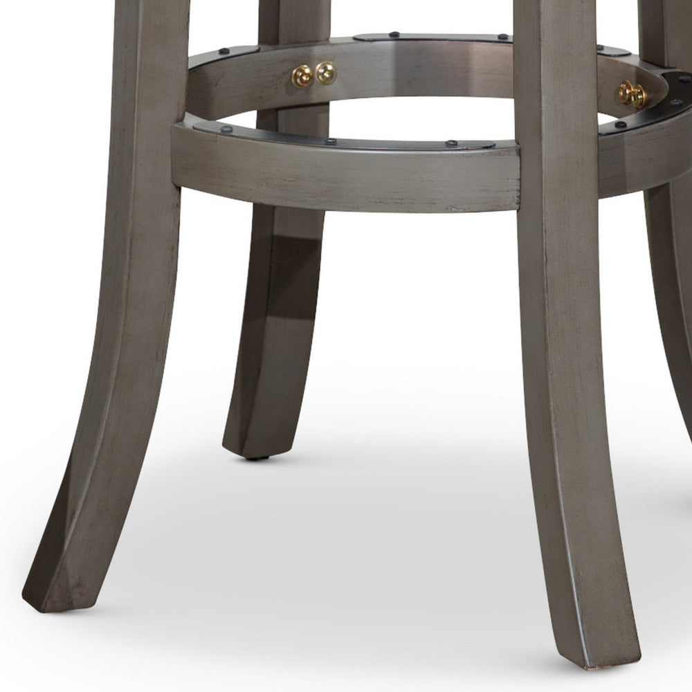 Benjara Opi 30 Inch Swivel Barstool, Black Bonded Leather Weathered Gray Solid Wood