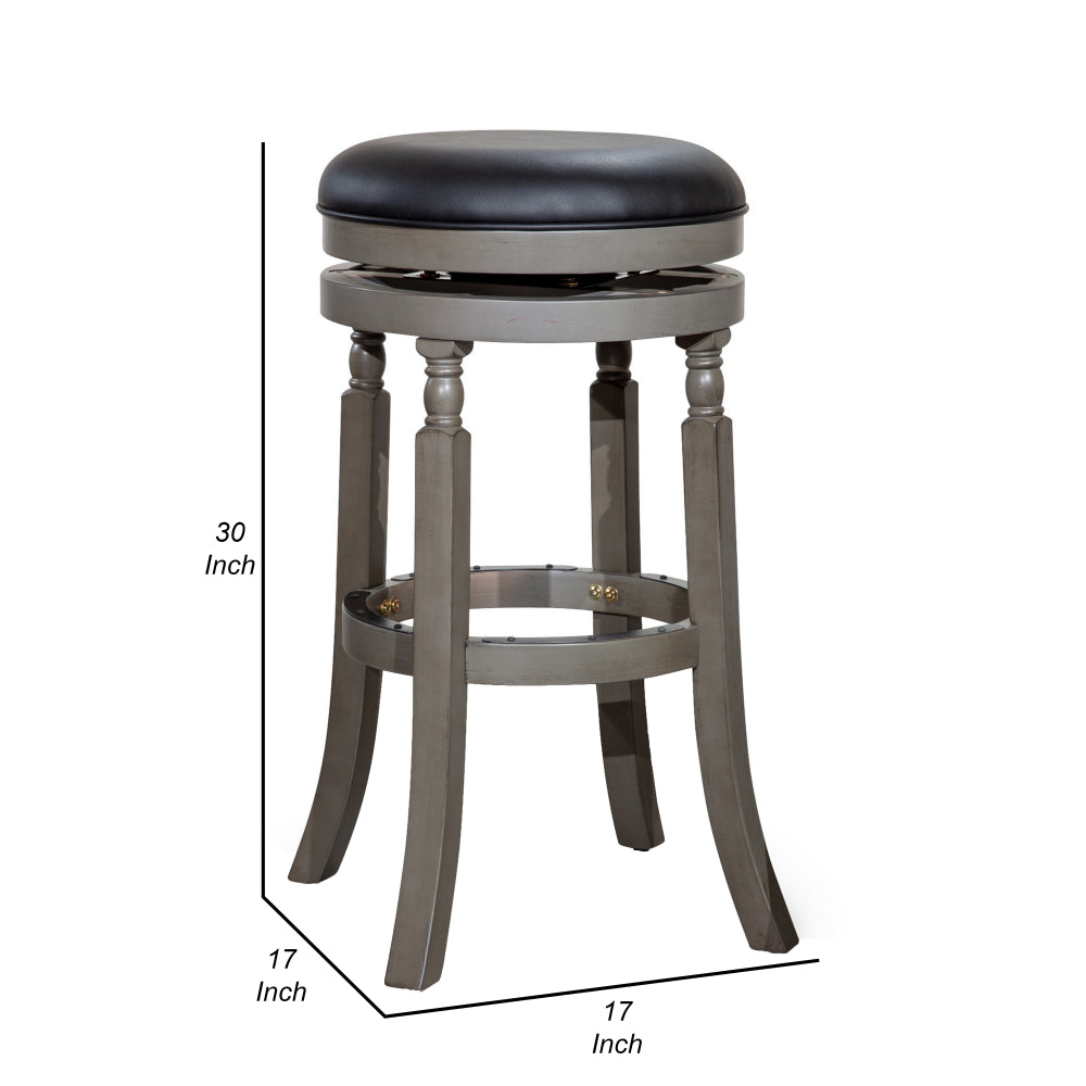 Benjara Opi 30 Inch Swivel Barstool, Black Bonded Leather Weathered Gray Solid Wood