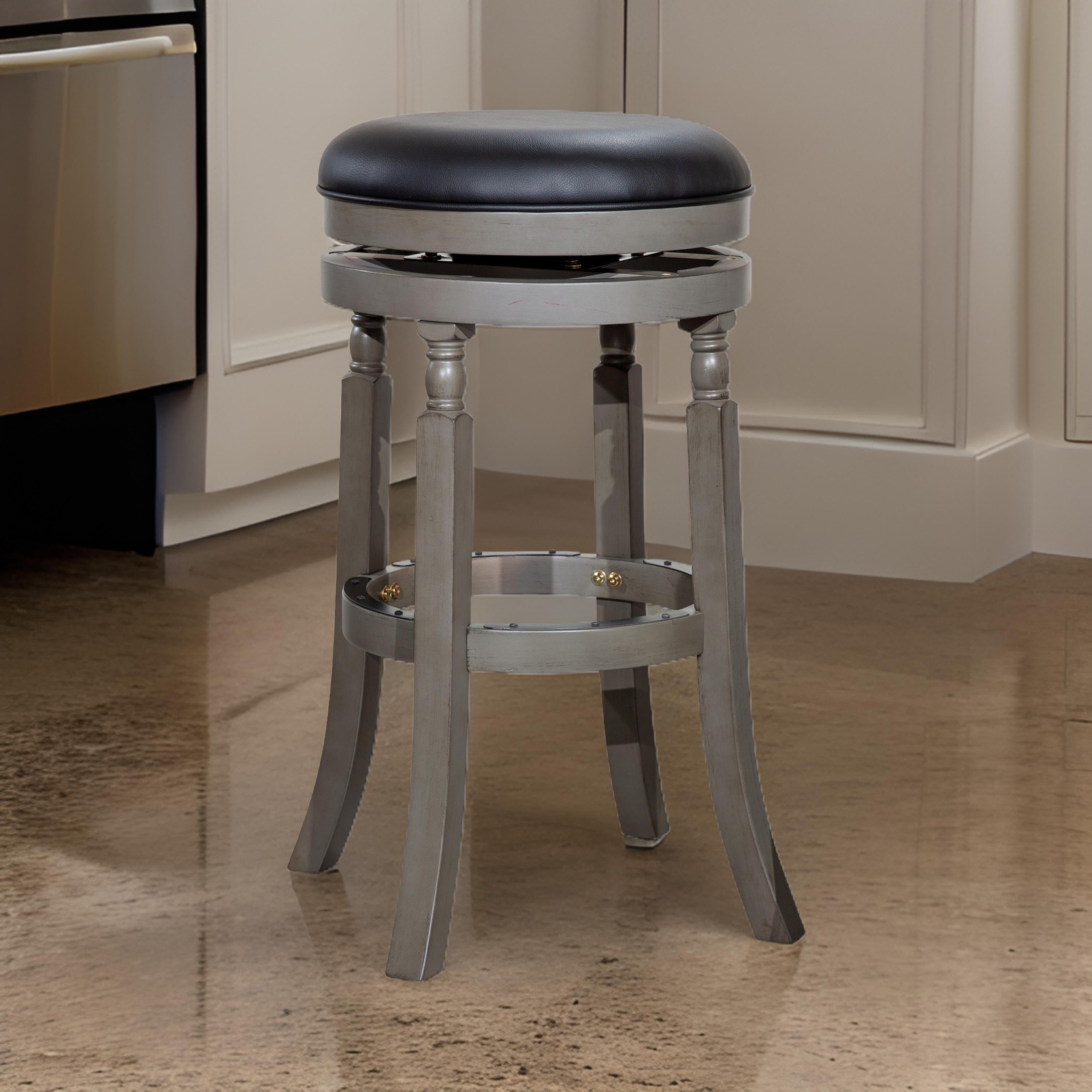 Benjara Opi 30 Inch Swivel Barstool, Black Bonded Leather Weathered Gray Solid Wood
