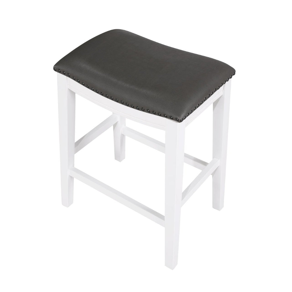 Benjara Ani 25 Inch Counter Stool Set of 2, Gray Faux Leather, Saddle Seat, White