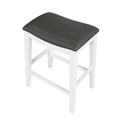 Benjara Ani 25 Inch Counter Stool Set of 2, Gray Faux Leather, Saddle Seat, White
