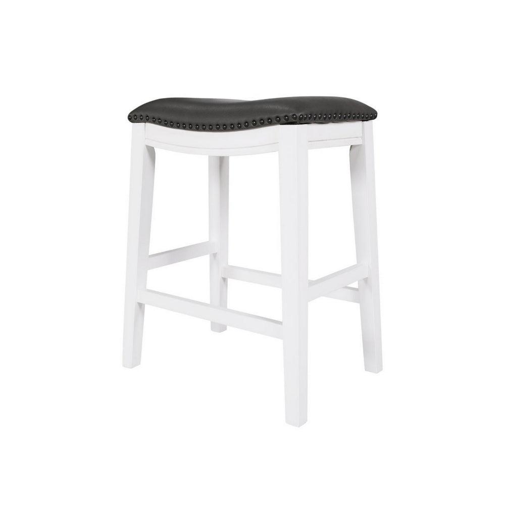 Benjara Ani 25 Inch Counter Stool Set of 2, Gray Faux Leather, Saddle Seat, White