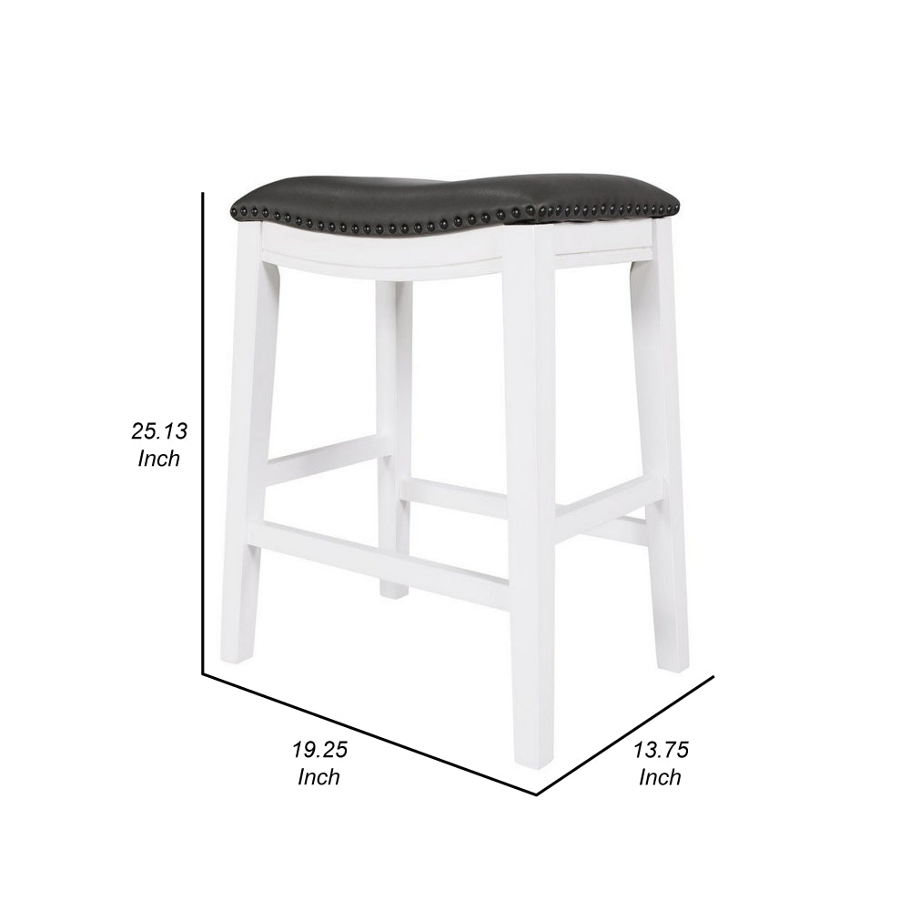 Benjara Ani 25 Inch Counter Stool Set of 2, Gray Faux Leather, Saddle Seat, White