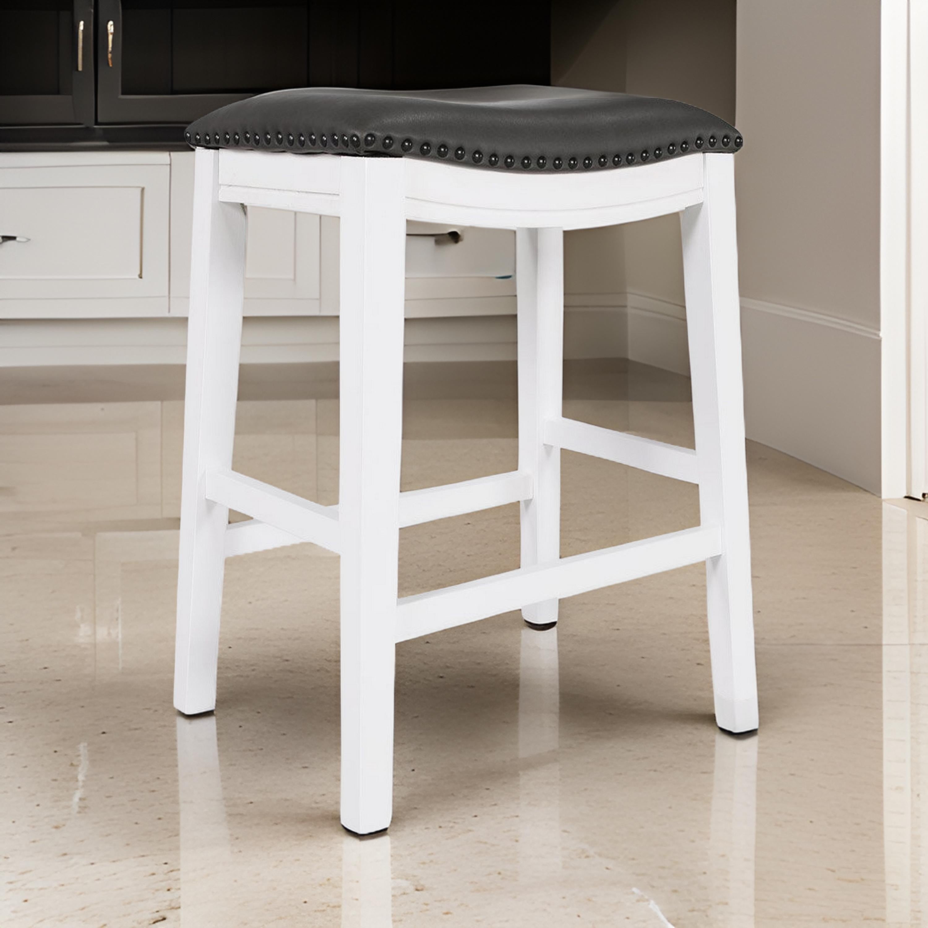 Benjara Ani 25 Inch Counter Stool Set of 2, Gray Faux Leather, Saddle Seat, White
