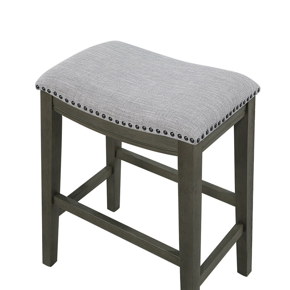 Benjara Ani 25 Inch Counter Stool Set of 2, Soft Faux Leather Saddle Seat, Gray
