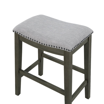 Benjara Ani 25 Inch Counter Stool Set of 2, Soft Faux Leather Saddle Seat, Gray