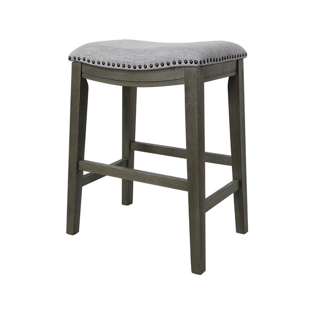 Benjara Ani 25 Inch Counter Stool Set of 2, Soft Faux Leather Saddle Seat, Gray