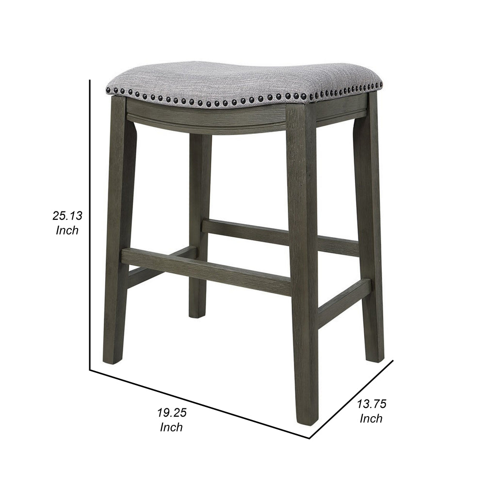 Benjara Ani 25 Inch Counter Stool Set of 2, Soft Faux Leather Saddle Seat, Gray