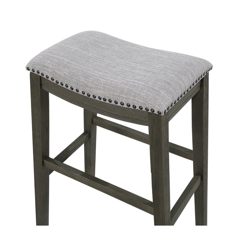 Benjara Ani 29 Inch Barstool Set of 2, Saddle Seat, Nailhead Trim, Light Gray Wood