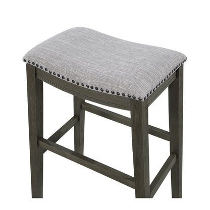 Benjara Ani 29 Inch Barstool Set of 2, Saddle Seat, Nailhead Trim, Light Gray Wood