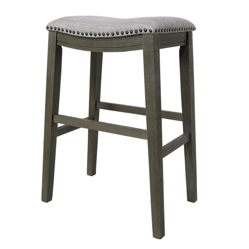Benjara Ani 29 Inch Barstool Set of 2, Saddle Seat, Nailhead Trim, Light Gray Wood