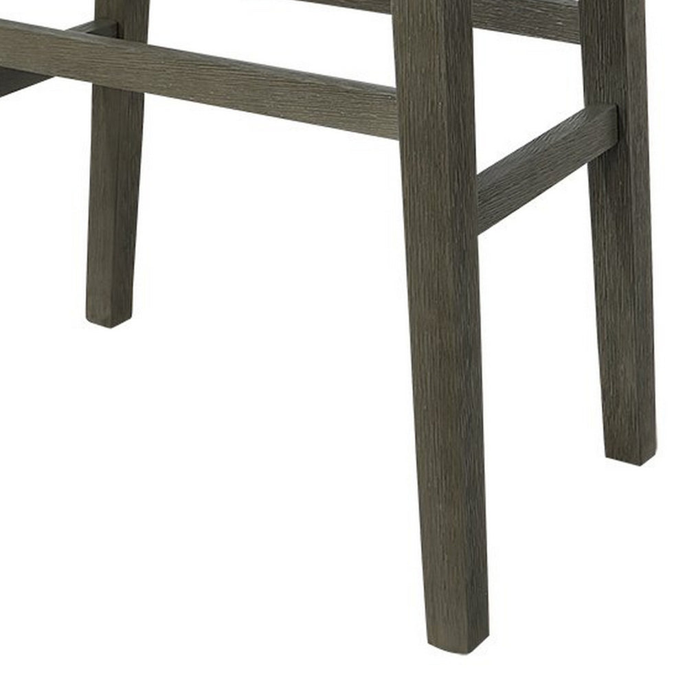 Benjara Ani 29 Inch Barstool Set of 2, Saddle Seat, Nailhead Trim, Light Gray Wood