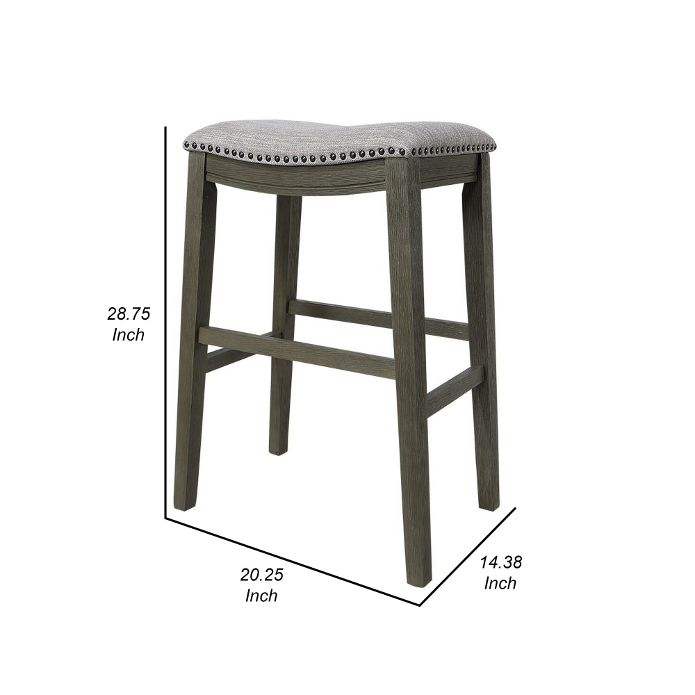 Benjara Ani 29 Inch Barstool Set of 2, Saddle Seat, Nailhead Trim, Light Gray Wood