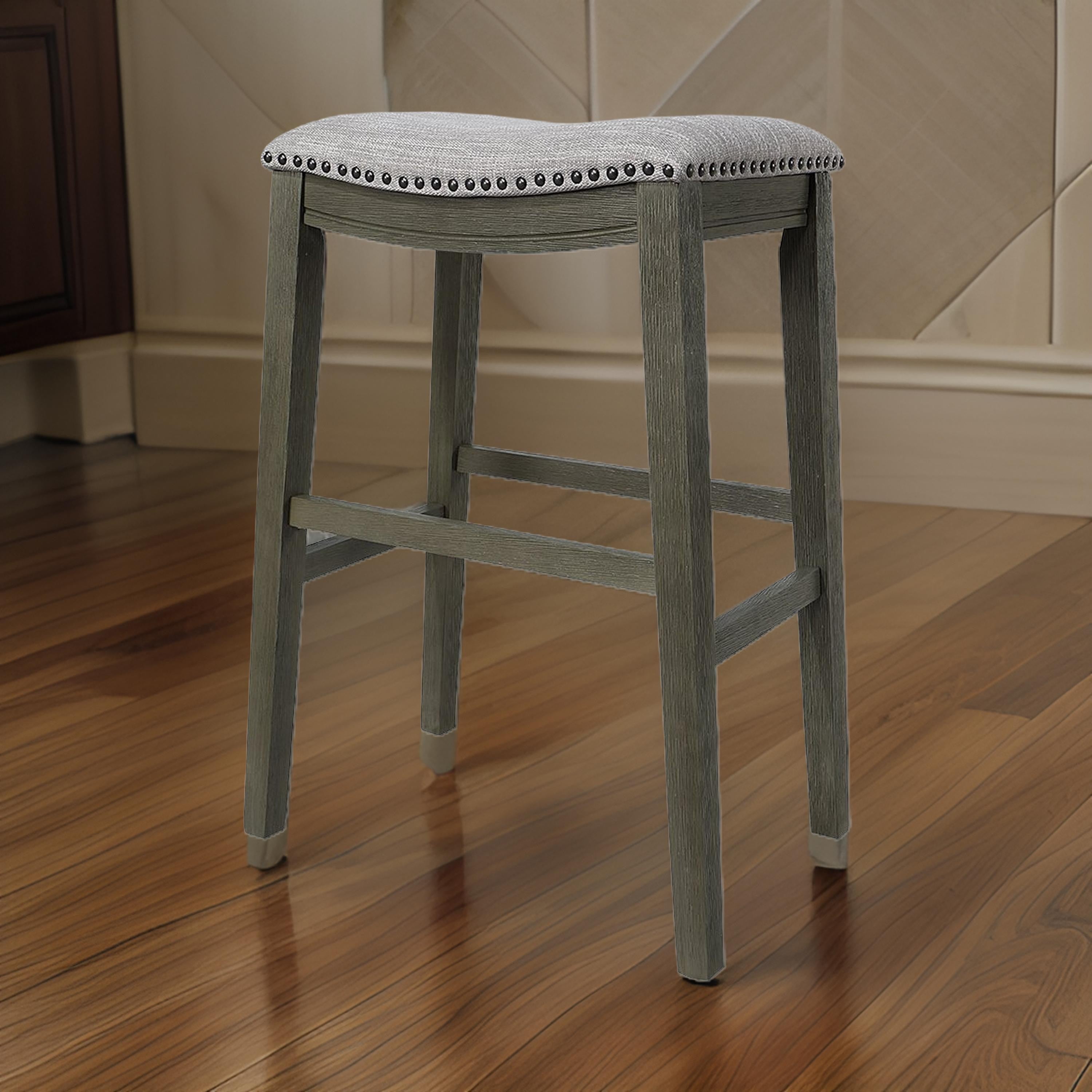 Benjara Ani 29 Inch Barstool Set of 2, Saddle Seat, Nailhead Trim, Light Gray Wood