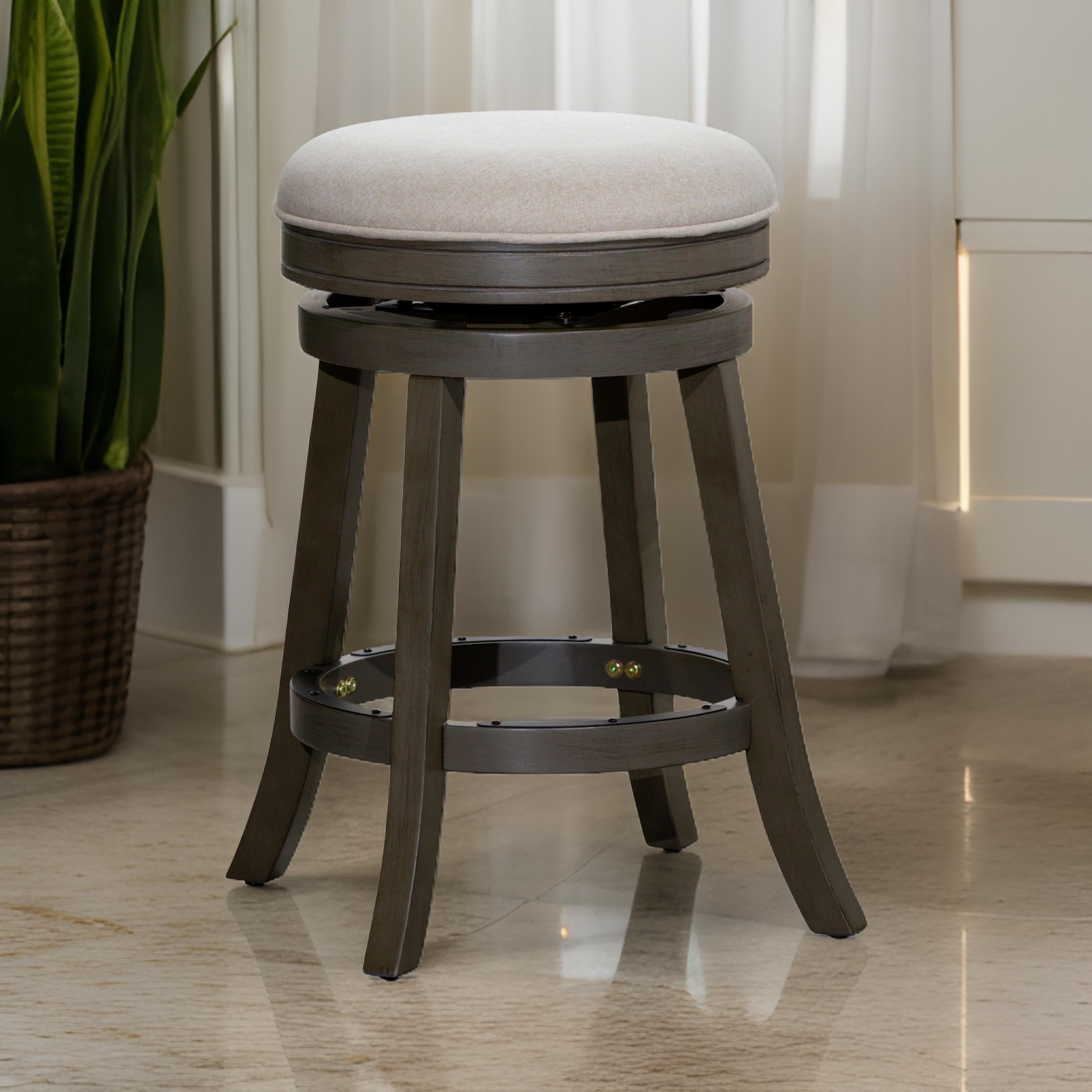 Benjara Opi 24 Inch Swivel Counter Stool, Charcoal Cushioned Seat, Weathered Gray