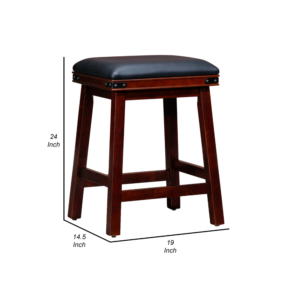 Benjara Nio 24 Inch Swivel Counter Stool, Black Bonded Leather, Espresso Brown Wood