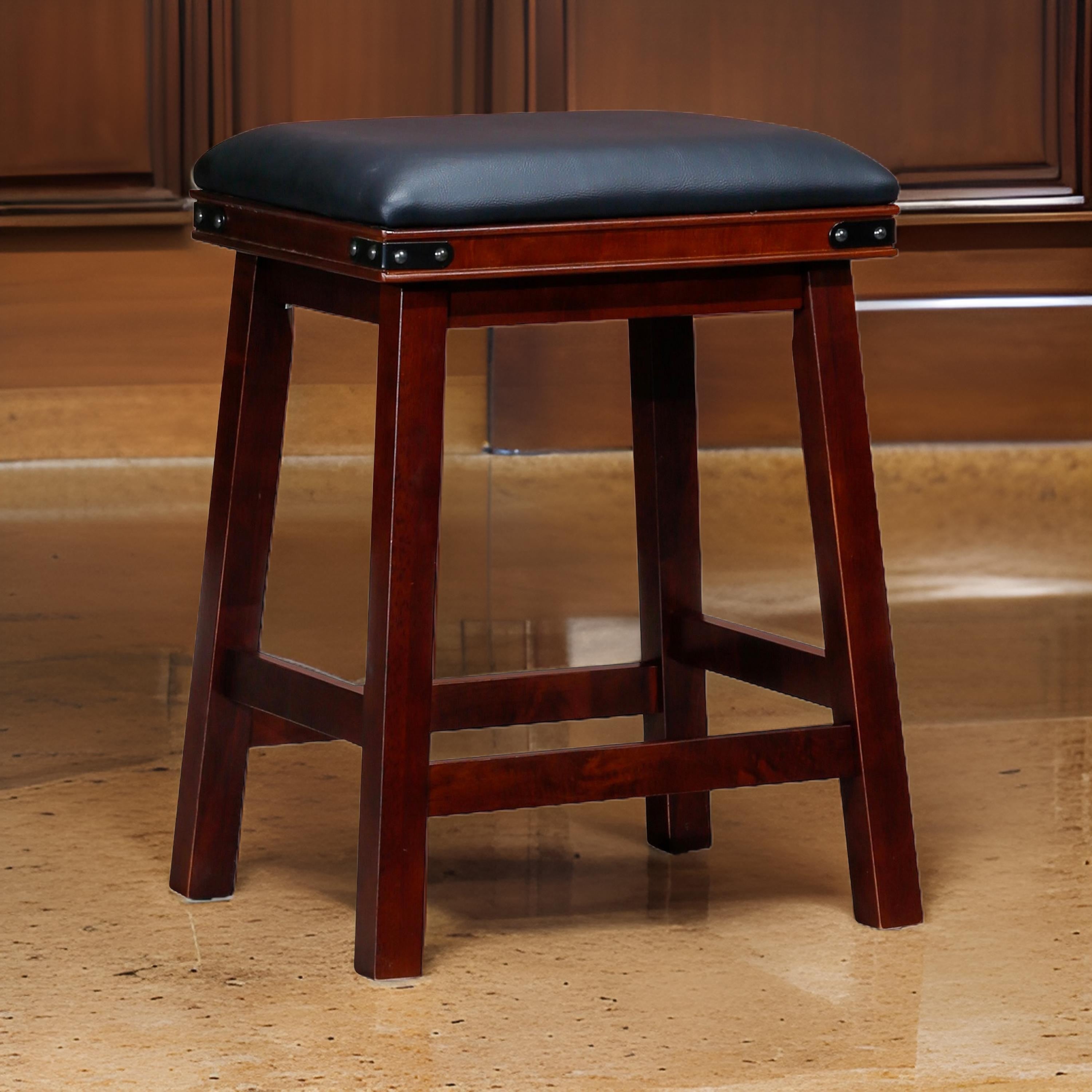 Benjara Nio 24 Inch Swivel Counter Stool, Black Bonded Leather, Espresso Brown Wood