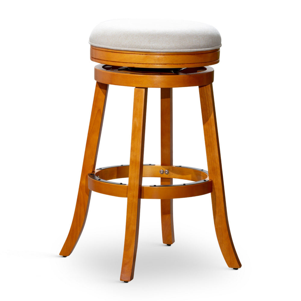 Benjara Opi 30 Inch Swivel Barstool, Round Cushioned Seat, Beige, Natural Brown