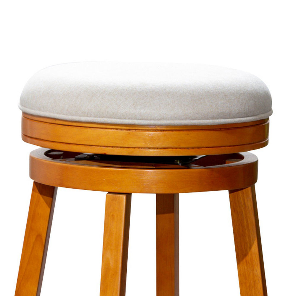 Benjara Opi 30 Inch Swivel Barstool, Round Cushioned Seat, Beige, Natural Brown
