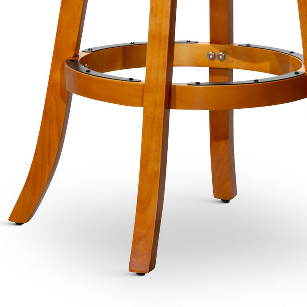 Benjara Opi 30 Inch Swivel Barstool, Round Cushioned Seat, Beige, Natural Brown