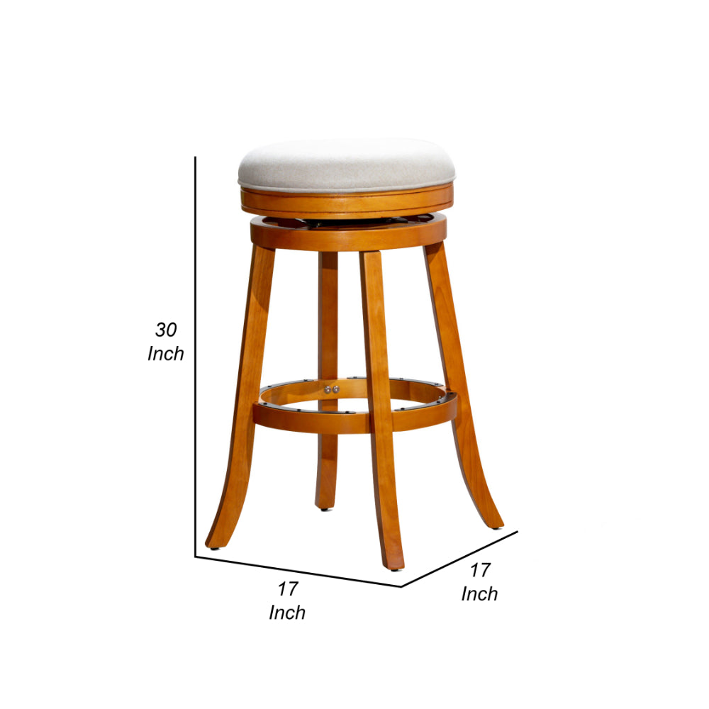 Benjara Opi 30 Inch Swivel Barstool, Round Cushioned Seat, Beige, Natural Brown