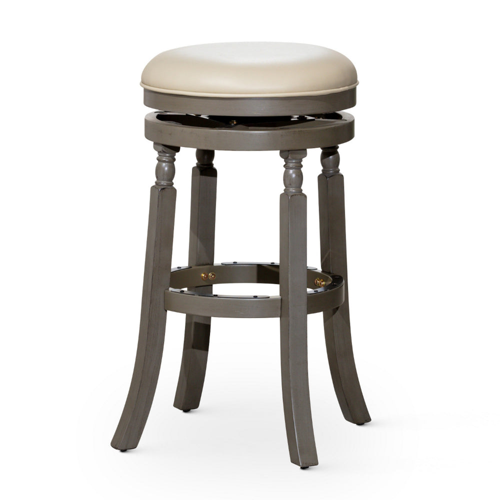 Benjara Opi 30 Inch Swivel Barstool, Weathered Gray, French Beige Bonded Leather