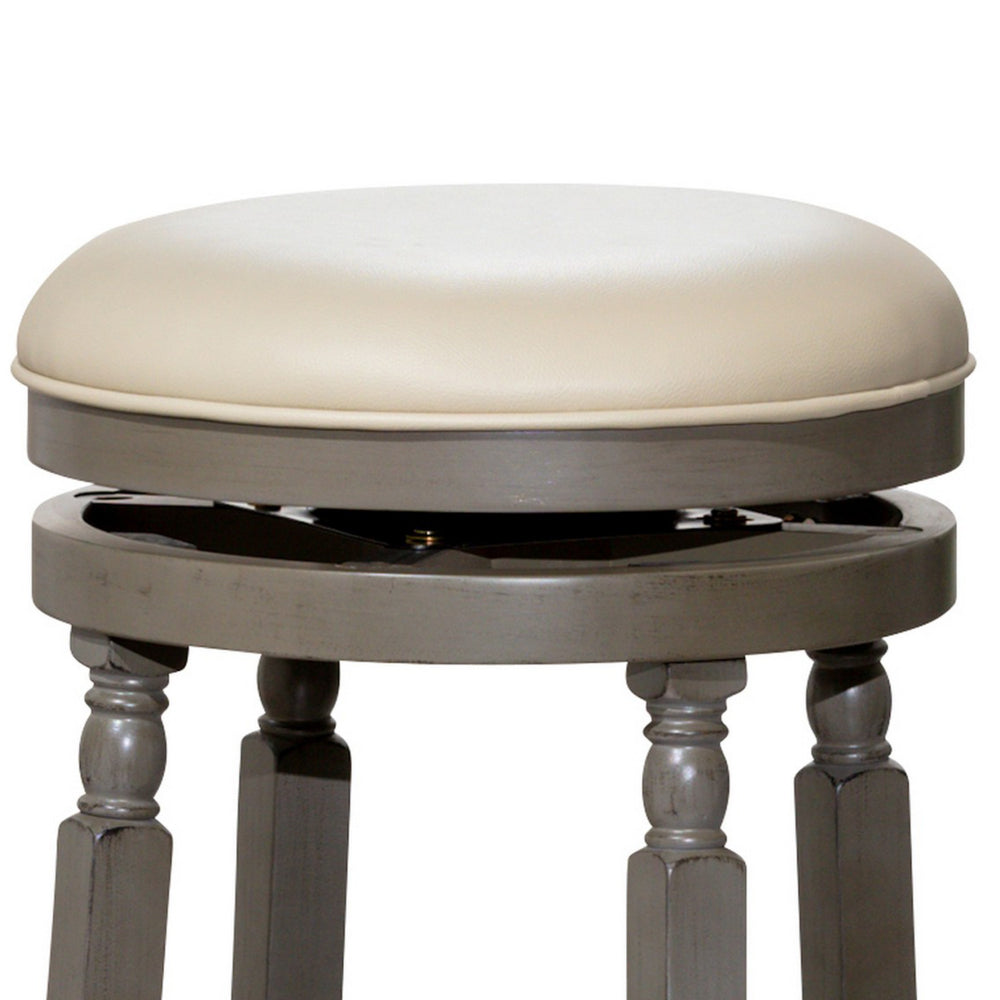 Benjara Opi 30 Inch Swivel Barstool, Weathered Gray, French Beige Bonded Leather