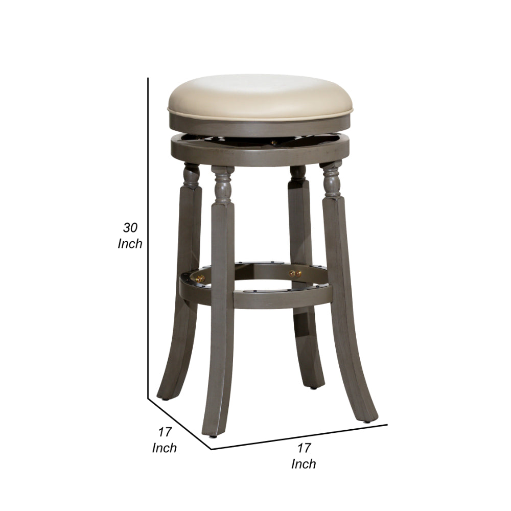 Benjara Opi 30 Inch Swivel Barstool, Weathered Gray, French Beige Bonded Leather