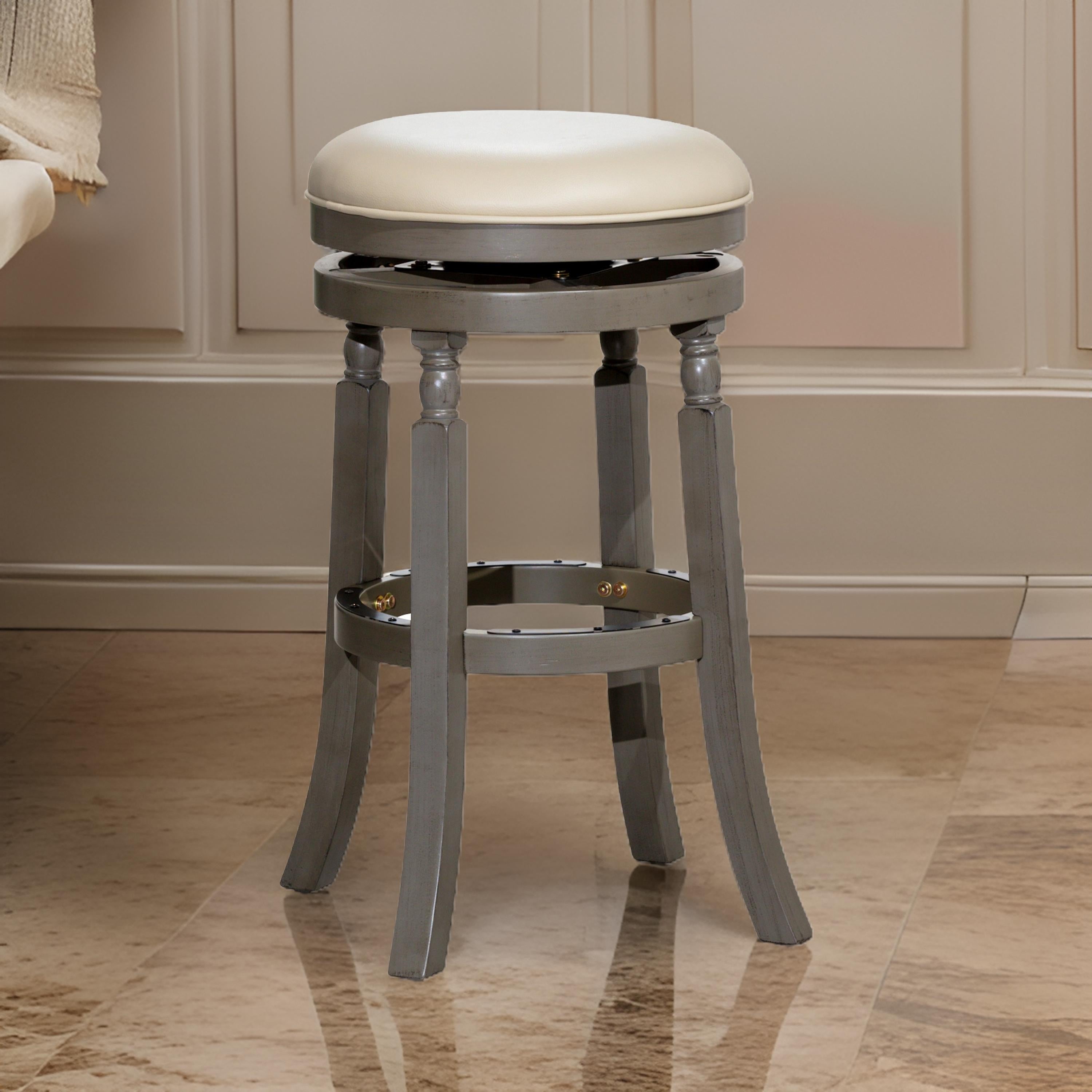 Benjara Opi 30 Inch Swivel Barstool, Weathered Gray, French Beige Bonded Leather