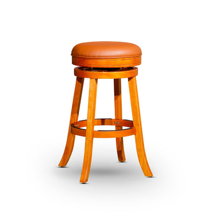 Benjara Opi 30 Inch Swivel Barstool, Bonded Leather Seat, Natural Brown Solid Wood