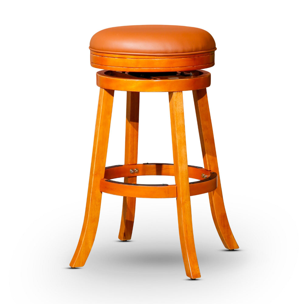 Benjara Opi 30 Inch Swivel Barstool, Bonded Leather Seat, Natural Brown Solid Wood