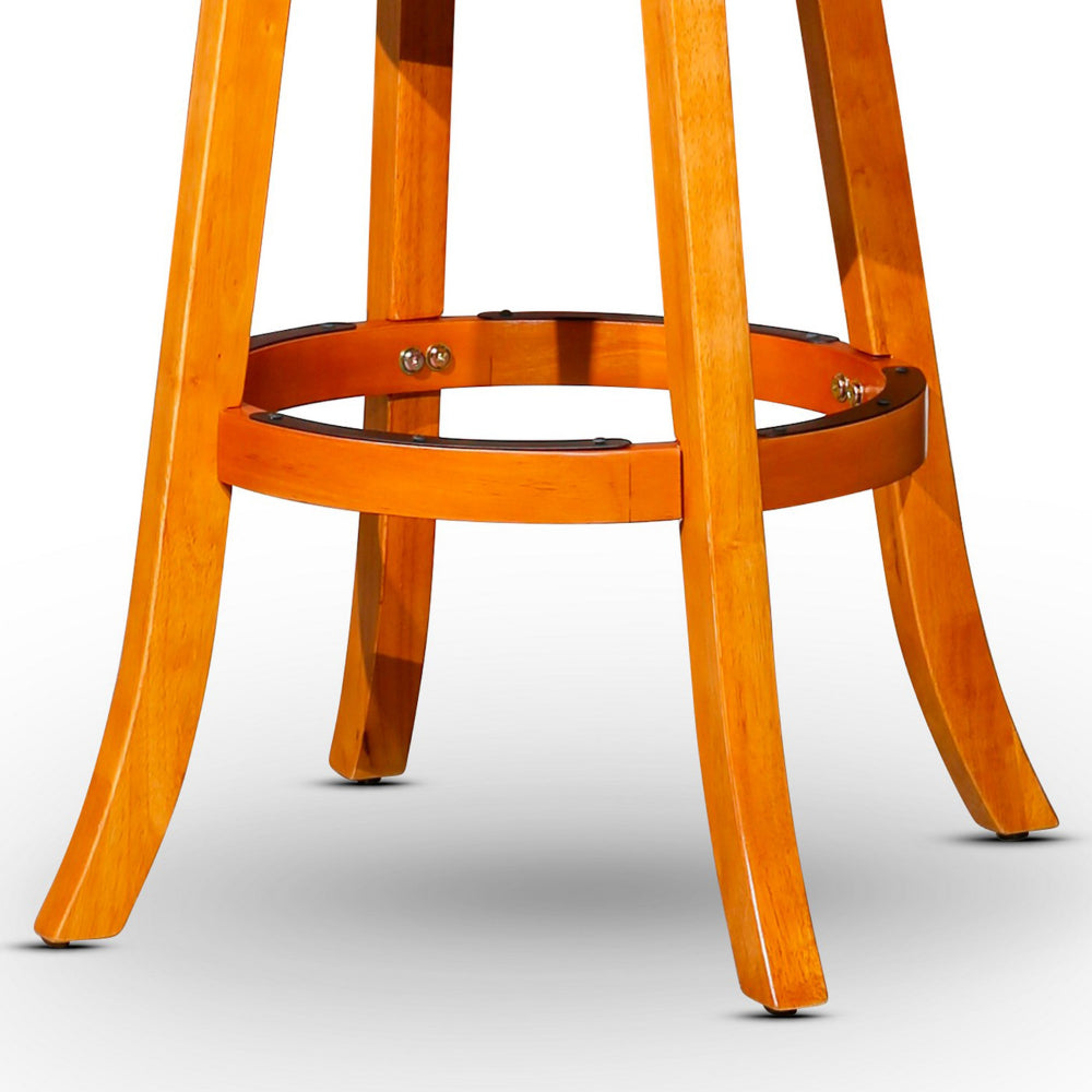 Benjara Opi 30 Inch Swivel Barstool, Bonded Leather Seat, Natural Brown Solid Wood