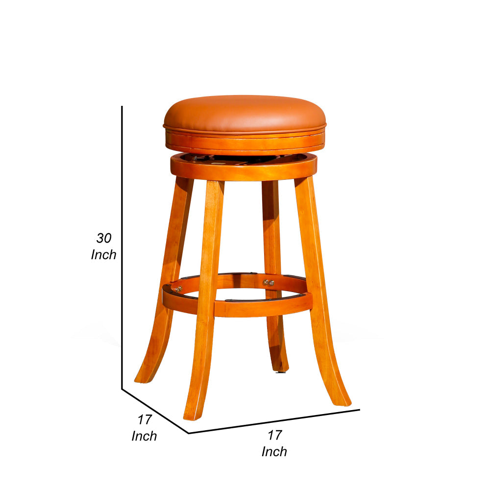 Benjara Opi 30 Inch Swivel Barstool, Bonded Leather Seat, Natural Brown Solid Wood